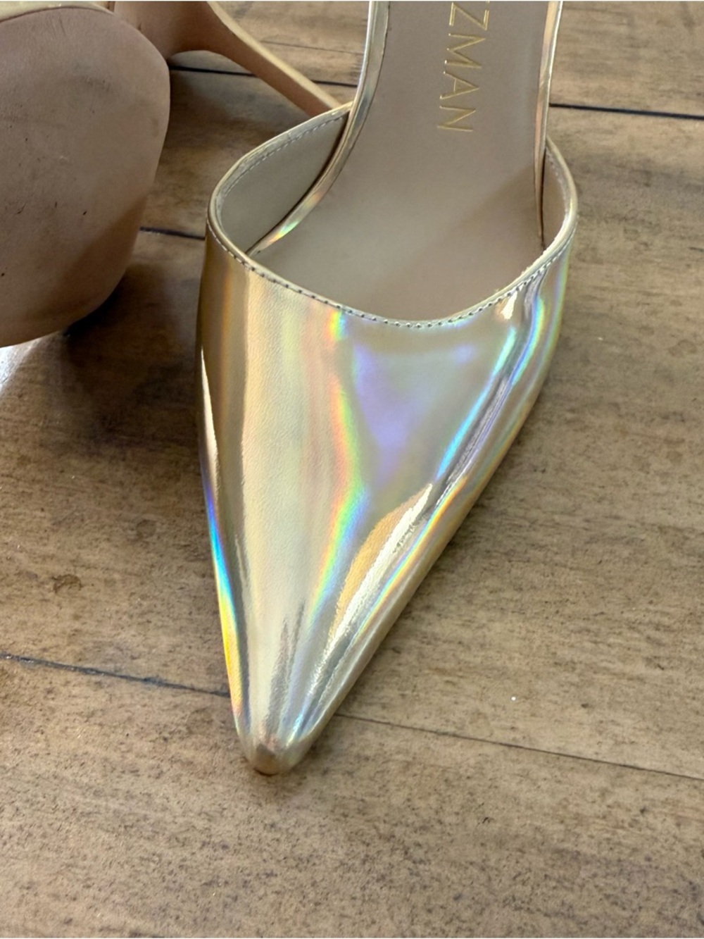 Stuart Weitzman Size 8 Iridescent Gold Pointed-Toe Ankle-Strap Pumps - Picture 2 of 7